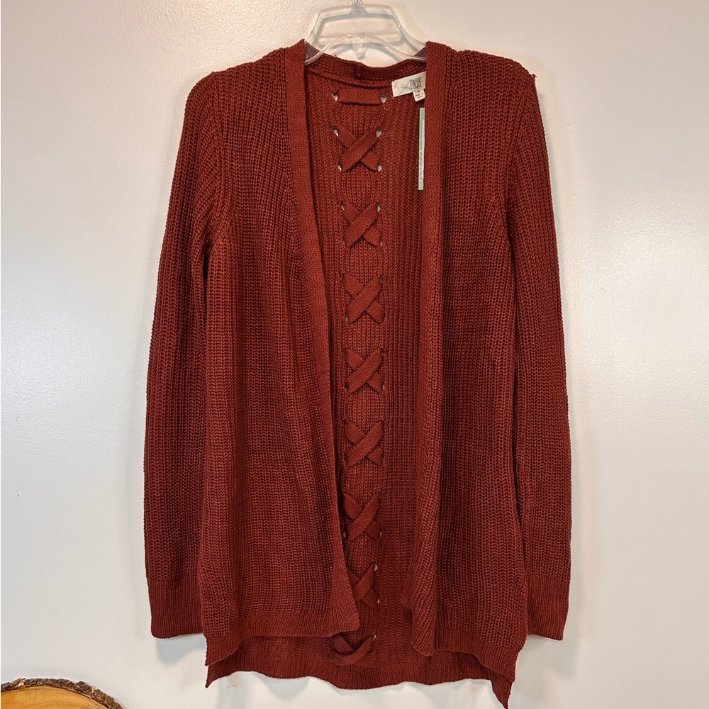 PINQUE Jamelya Back Detail Burgundy‎ Open Front Cardigan Women’s Size Medium